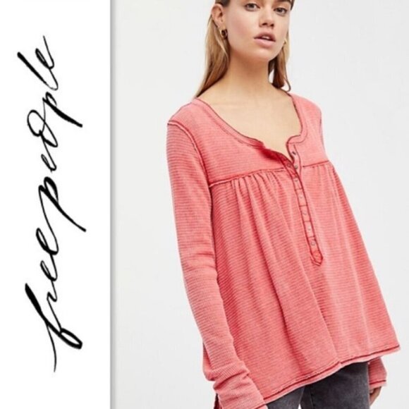 Free People Kai Relaxed Babydoll Top Thermal Henley Boho Indie Size Medium - Picture 2 of 10